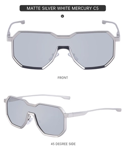 Detailed views of matte silver steampunk sunglasses with white mercury geometric lenses