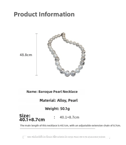 Detailed size specifications for Baroque pearl necklace with alloy accents and extension chain