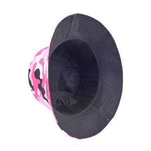 Pink and black camouflage bucket hat with multi-row stitching on the brim for outdoor wear