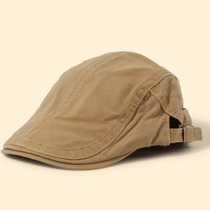 Classic khaki cotton flat cap with adjustable metal buckle and vintage stitched design
