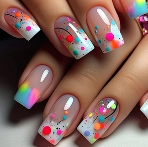 Macro detail of colorful polka dots and abstract graffiti on medium coffin press-on nails