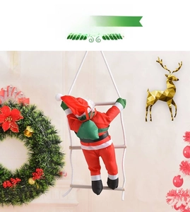 Detailed view of three Santa Claus figures climbing a white rope ladder with green gift bags