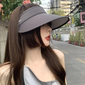 Detail of dark grey sun hat with wide brim showing sun protection fabric and open top style