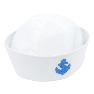 Detail of white sailor hat featuring navy blue anchor embroidery and high-quality stitching