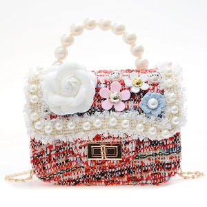 Cute girls tweed crossbody bag with white camellia flower and pearl handle strap