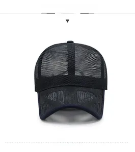 Front view of deep blue mesh baseball cap showing breathable honeycomb fabric texture