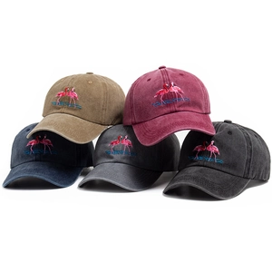 Vintage washed cotton baseball caps with flamingo embroidery in five diverse colors