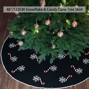 Christmas Tree Skirt Acrylic Knit Snowflake Candy Cane Patterned Holiday Indoor Home Decor Black Red White