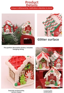 Detailed macro of festive gingerbread house clay ornaments with glitter and hanging cords