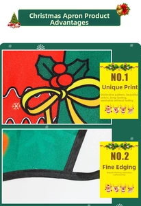 Detail view of Christmas apron showing durable bow print and quality black edge stitching