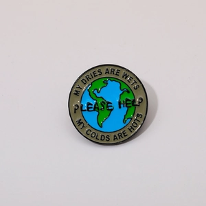 Cartoon earth enamel pin badge with Save the Planet slogans on a clean white background
