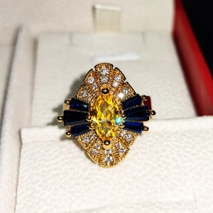 Vintage 18K gold plated ring with marquise yellow zircon and baguette blue sapphires