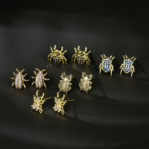 Set of 5 pairs of gold-plated beetle stud earrings with colorful zircon inlays