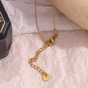Detailed view of gold lobster clasp and extension chain on stainless steel necklace