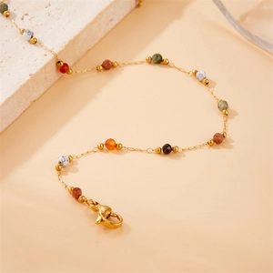 Retro boho gold stainless steel chain bracelet with colorful natural stone beads