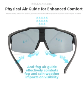 Cycling sunglasses with black matte frame and physical air guide for anti-fog protection