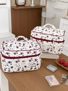 Detail of floral corduroy makeup bag set with double zippers and soft quilted texture