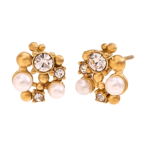 Fashionable cluster stud earrings with white pearls and sparkling crystals in 18K gold finish