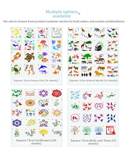 Detailed view of 15cm square PET painting stencils with animal and floral patterns