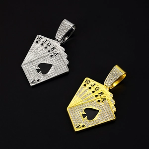 Iced out poker royal flush pendants in gold and silver finish on hip hop cuban chain