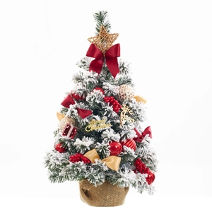 60cm flocked mini Christmas tree with red bows and ornaments on burlap base