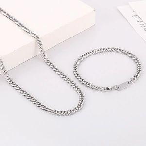 Silver stainless steel cuban chain necklace and bracelet set on a white minimalist background