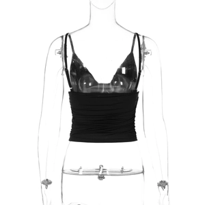 Close-up of black V-neck crop top with elastic ruched details on a transparent mannequin