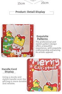 Detail of red Christmas gift bag with silver handles and Merry Christmas snowman print