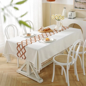 Embroidered Tablecloth Polyester Linen Blend Waterproof Geometric Grid Floral Tassels Rectangle For Dining Table Decor