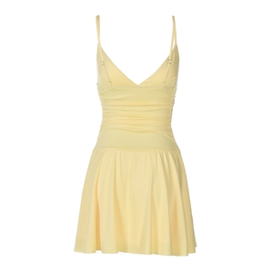Detail view of yellow V-neck dress back showing spaghetti straps and waist pleats
