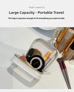 White minimalist travel makeup bag, large capacity cosmetic organizer pouch for women.