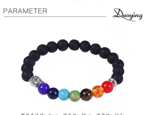 Detailed view of 8mm lava rock beads and seven chakra stones with silver Buddha head charm