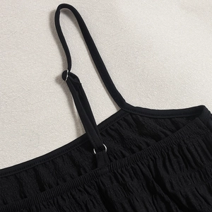 Detail of adjustable straps and smocking texture on a black backless dress