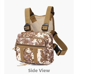 Macro detail of desert camo tactical chest bag showing durable oxford fabric and stitching