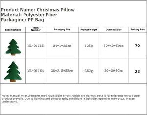 Detailed technical specifications and dimensions for the Christmas tree shaped pillow