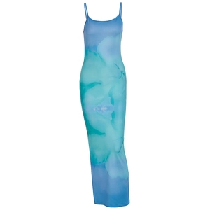 Slim fit backless bodycon maxi dress featuring a blue and green gradient tie-dye pattern