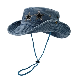 Blue washed denim sun hat with sparkling rhinestone stars and adjustable windproof cord