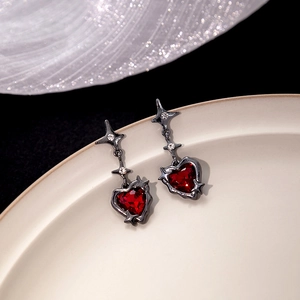 Gothic dark red heart earrings with black star accents and silver needle studs
