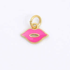 Pink enamel lip pendant charm in 18k gold plated finish for DIY jewelry accessories