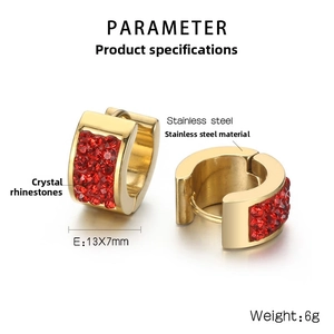 Detail view of 13x7mm gold stainless steel hoop earrings with pavé red crystals
