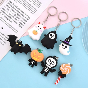 Cartoon Halloween PVC keychain set with pumpkin, bat, and ghost motifs for bags