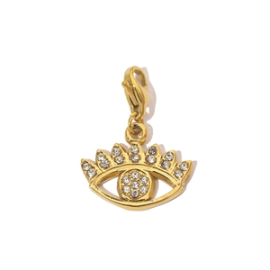 Close-up of golden evil eye pendant with white zircon crystals and lobster clasp detail