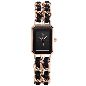 Gedi elegant women's watch with rectangular gold case and black leather chain strap