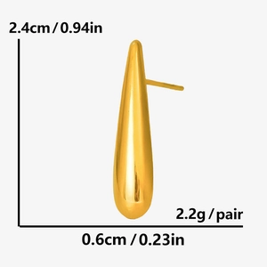 Macro view showing 2.4cm height and 0.6cm width of gold teardrop stainless steel studs