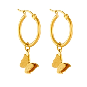 Gold-plated stainless steel hoop earrings with double-layered butterfly pendant