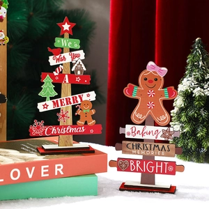 Christmas Wooden Desktop Ornaments Gingerbread Man And Tree Decor Merry Christmas Lettering Festive Holiday Home Table Decoration