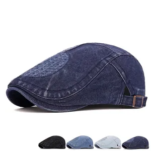 Vintage washed denim flat cap for men and women with adjustable metal buckle and colors