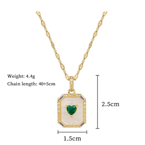 Detail of square shell pendant with green heart gemstone and dimensions for necklaces