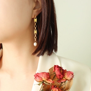 Geometric Link Chain Long Dangle Earrings With Freshwater Pearl Titanium Steel Gold Plated Retro Style For Women