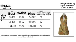 Detailed size guide table for backless printed halter neck mini dress with measurements